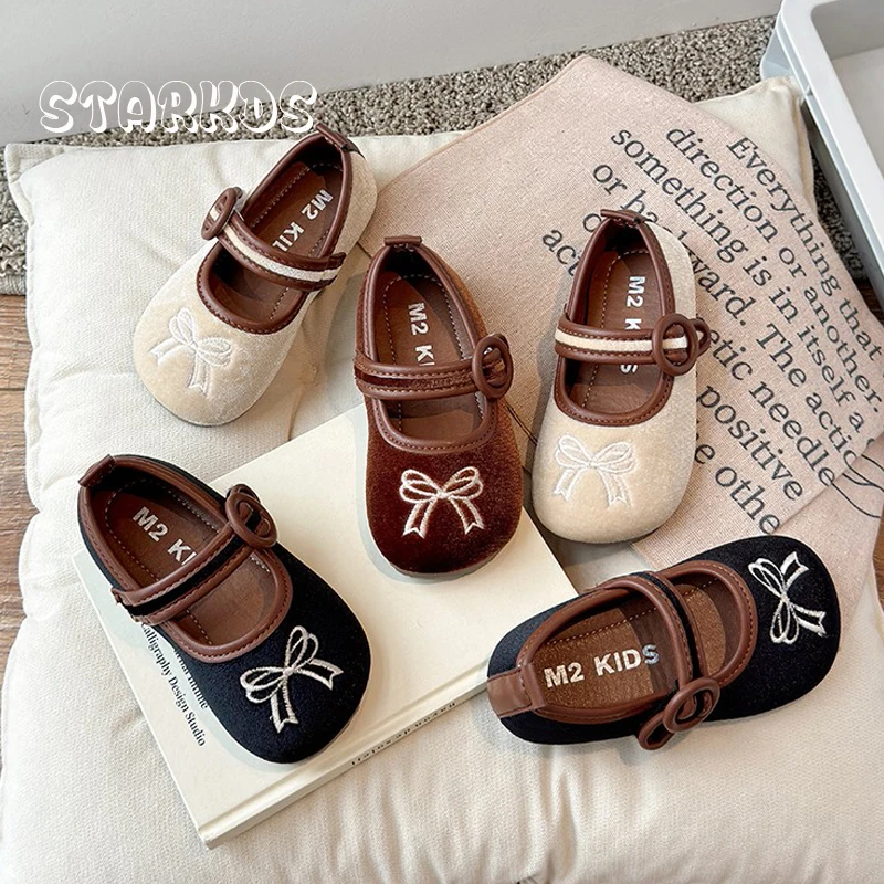 Chic Bowknot Embroidery Shoes Kids Girls Vintage Velour Ballet Flats Baby Child Soft Sole Brand Design Velvet Mary Jane Zapatos