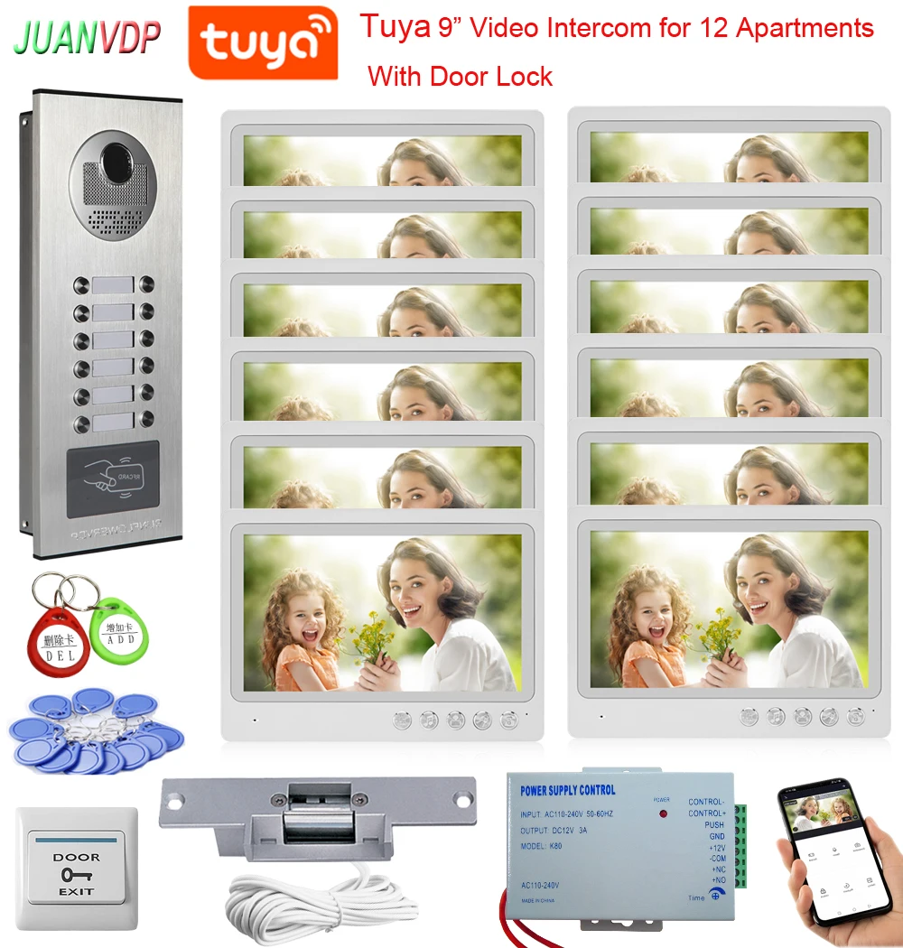 9inch Monitor Video Intercom System Smart WiFi Video Doorbell Door Phone for Home, Rfid Camera Night vision TUYA APP For 8/10/12