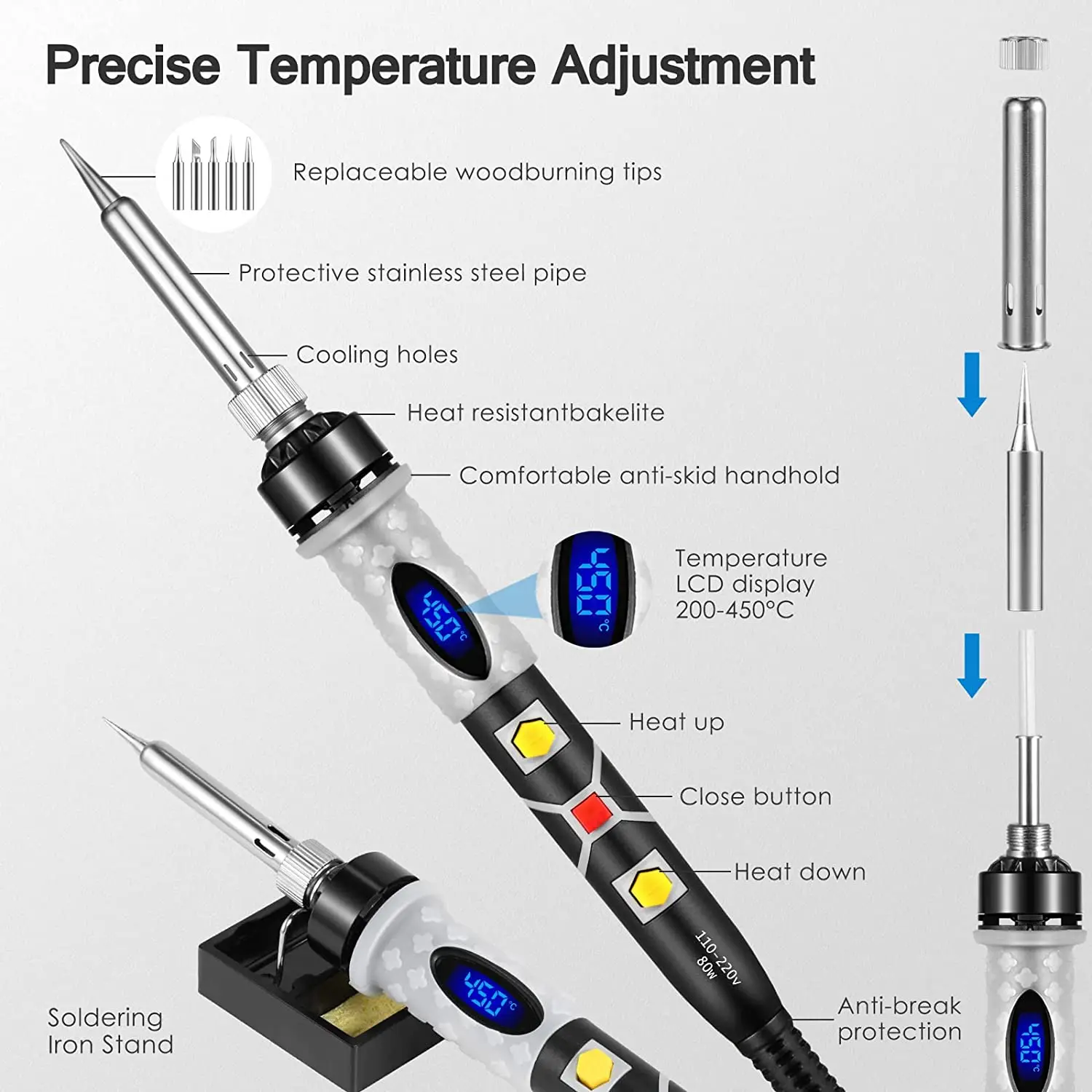 Saldatore elettrico 80W strumento di saldatura LCD a temperatura regolabile riscaldatore in ceramica saldatore Set di punte per bruciare il legno