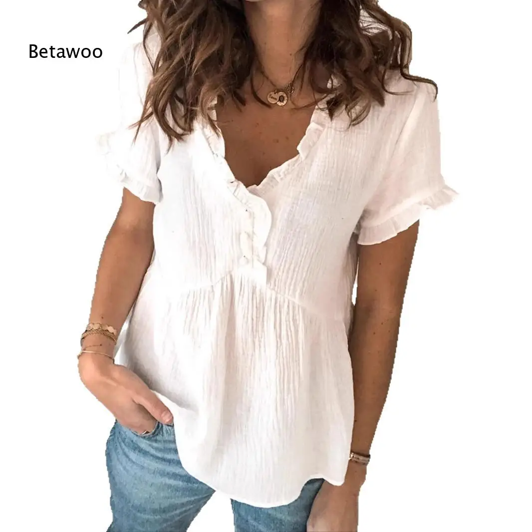 Women White Ruffle V Neck Babydoll Blouse Crinkle Textured Short Ruffle Sleeve Half Button Loose Casual Summer Top