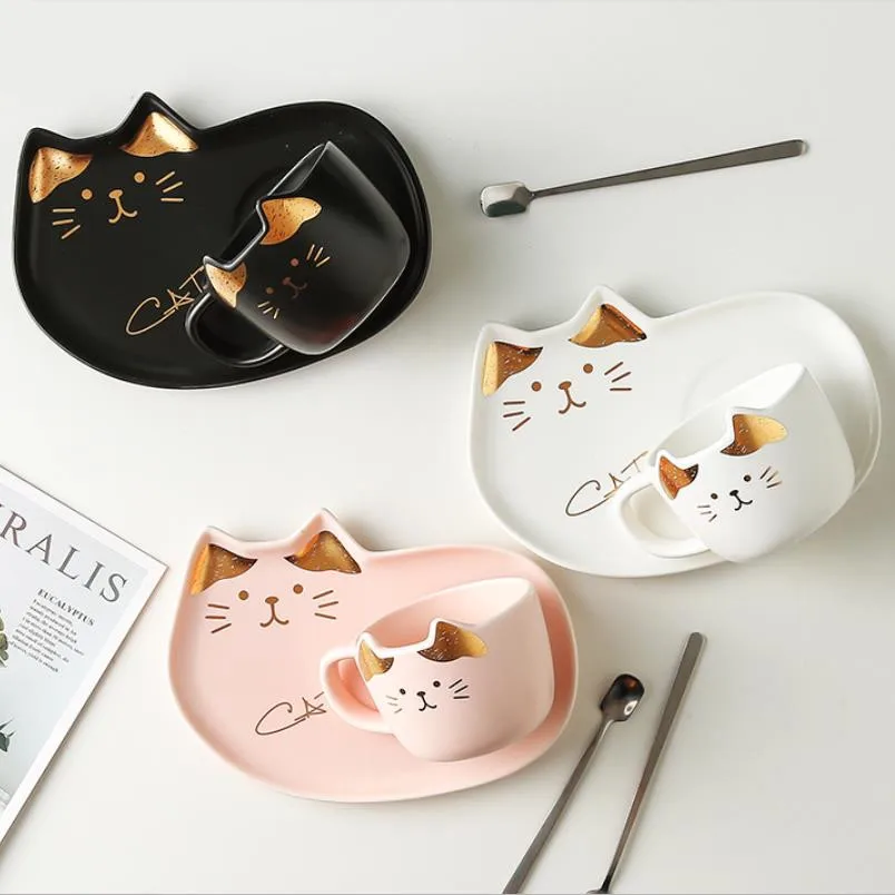 Ceramic Coffee Cup With Saucer Spoon Set Creative Cute Cartoon Cat Tea Cup Breakfast Milk Coffee Mug Bread Dessert Dish Gift