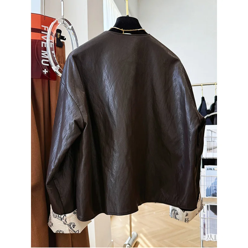 Chinese Style Printed Double-Sided Leather Jacket 2026 Autumn New Item High-end Round Neck PU Leather Jacket Loose Casual Top