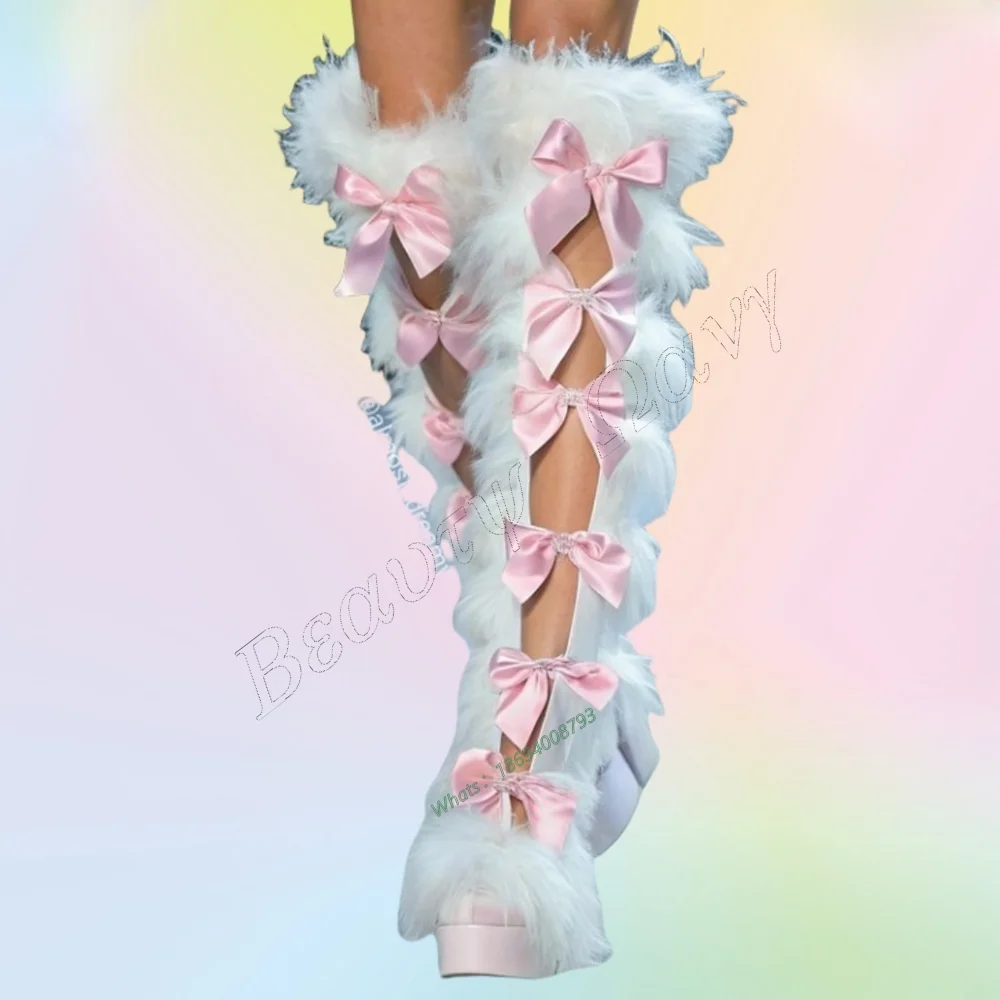 الفراء الأبيض ديكور الوردي القوس عقدة الأحذية الجبهة جوفاء الأحذية أشار تو الخناجر عالية الكعب للنساء أحذية Zapatos Para Mujere #1