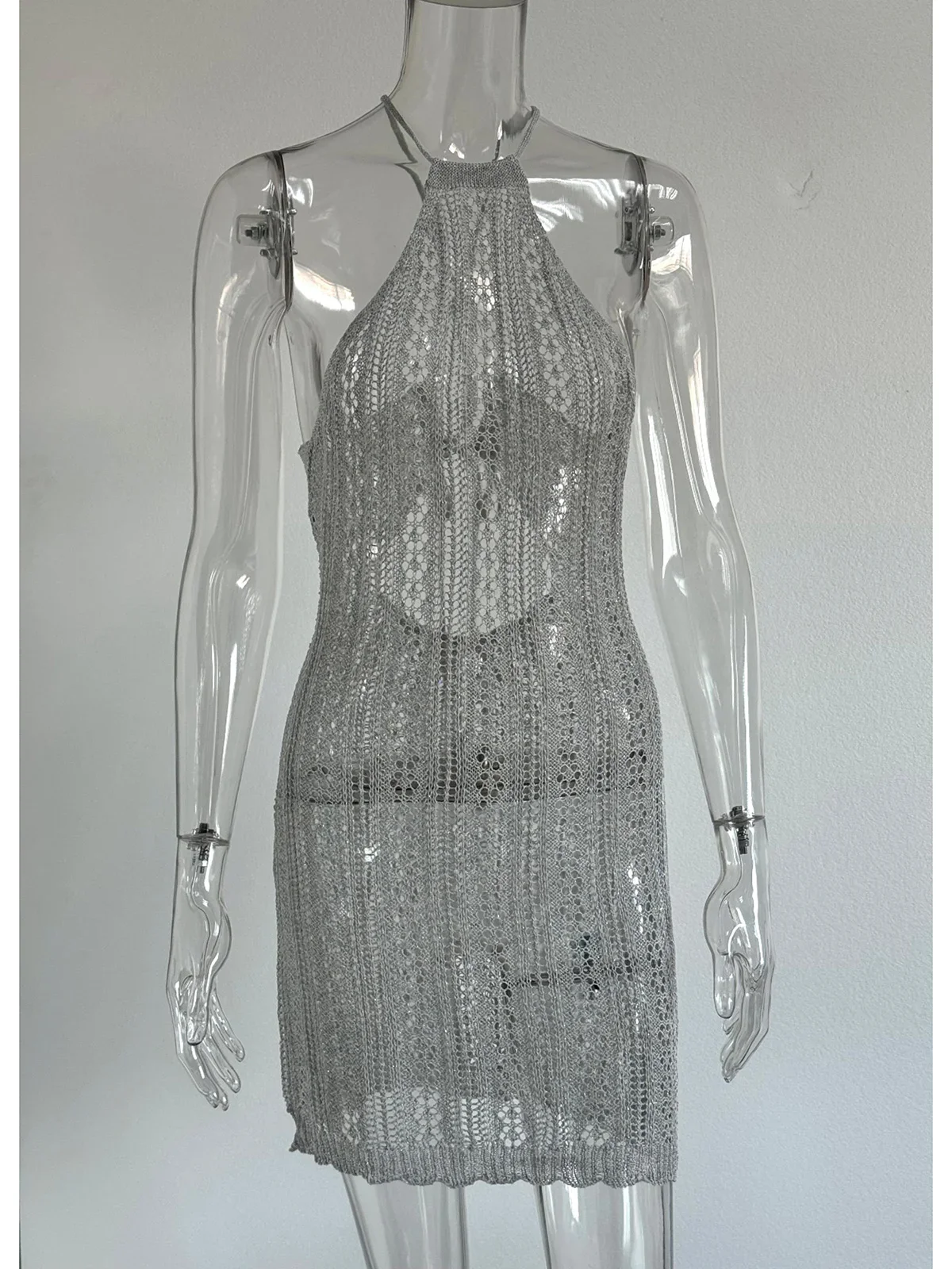 Uitgesneden Hol Backless Gehaakte Gebreide Tuniek Beach Cover Up Cover-ups Strandjurk Strandkleding Strandkleding Vrouwelijke Vrouwen V5897