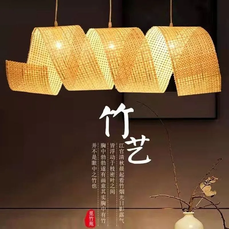 Wabi wind bamboo strip light chandelier for dinner table top tea room front desk lamp art bar bamboo art pendant lamp