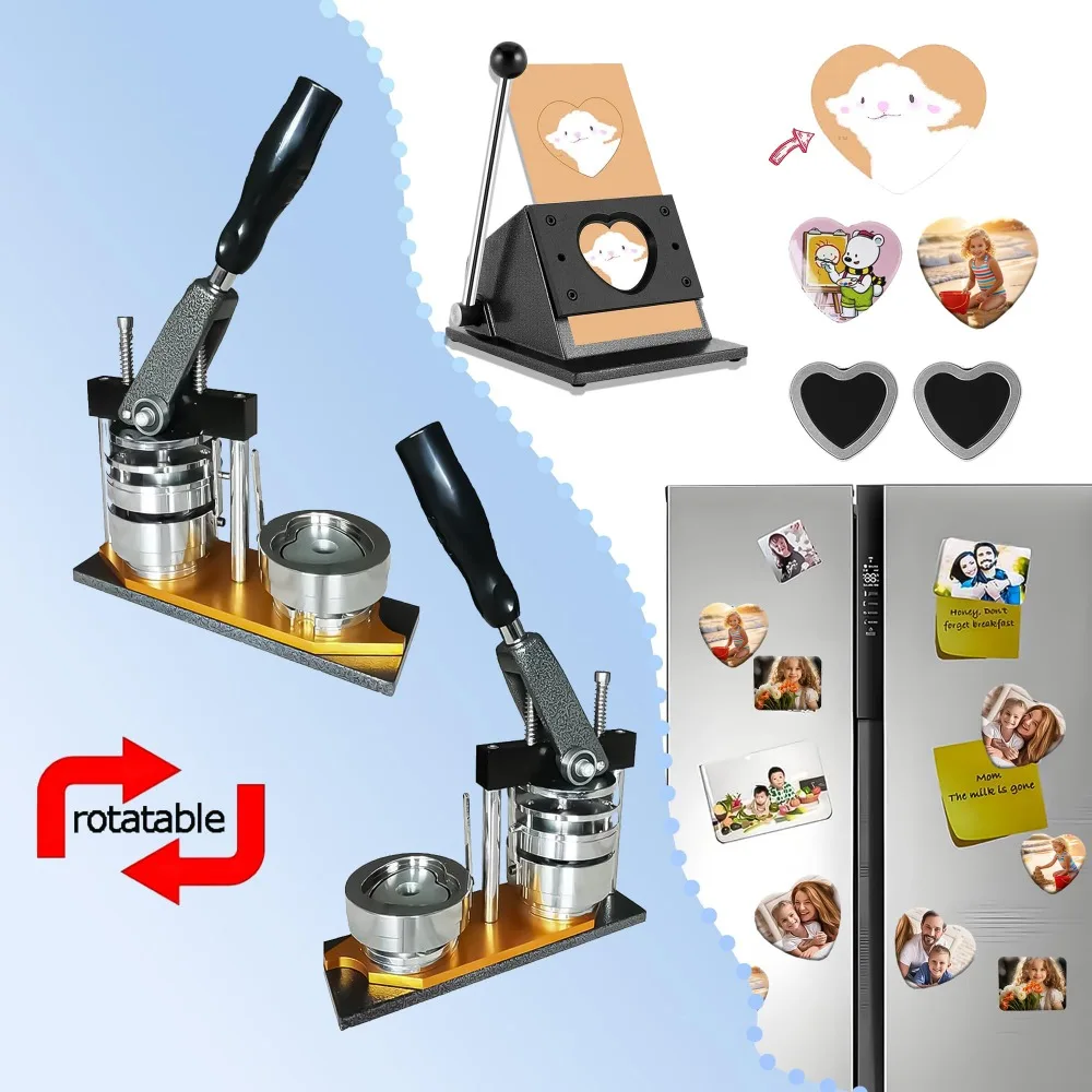 DIY Square Fridge Magnet Pin Maker Machine 2.24x2.09 Inch Heart-Shaped Badge Press with Paper Cutter & 500pcs Materials