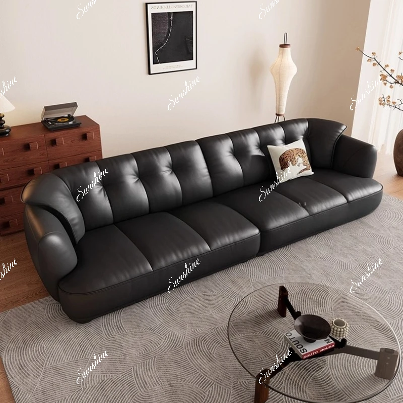 

Black retro leather sofa first layer cowhide living room horizontal hall small apartment straight row wide sitting deep