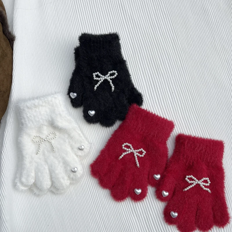 Guantes para niños de 3 a 8 años, Otoño Invierno, nuevos guantes cálidos a prueba de viento de punto de felpa con lazo de perlas de dibujos animados, guantes de amor para niñas al por mayor