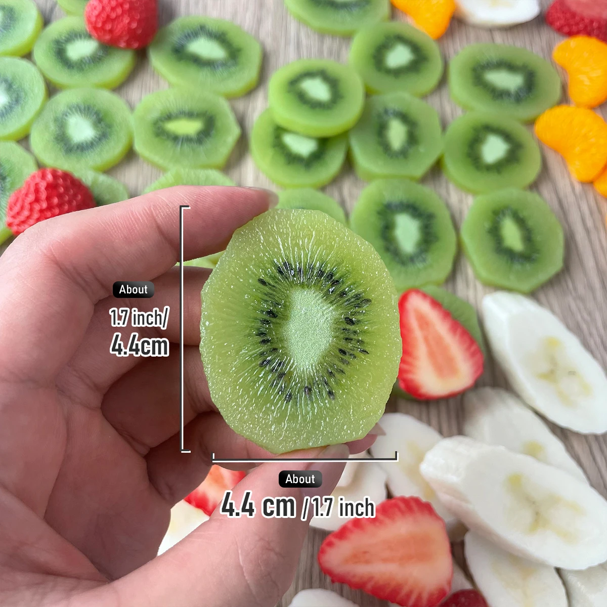 6 Stück Realistische Künstliche Fruchtscheiben - Simulierte Orange, Kiwi, Erdbeere, Banane als Requisiten für Küchendekoration & Fotografie – Detail 7