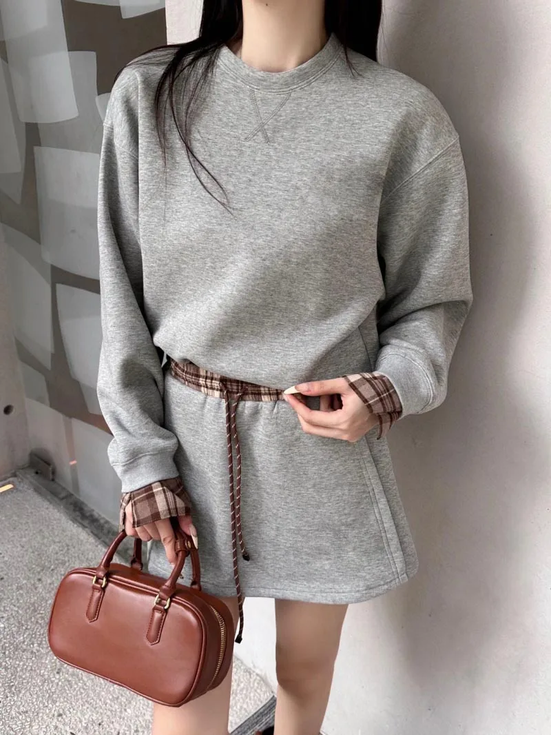 Dress Sets Women Autumn Solid Cotton O-neck Pullovers and Drawstring Straight Short Skirt Sets Casual Sweet Basic Female Clothes