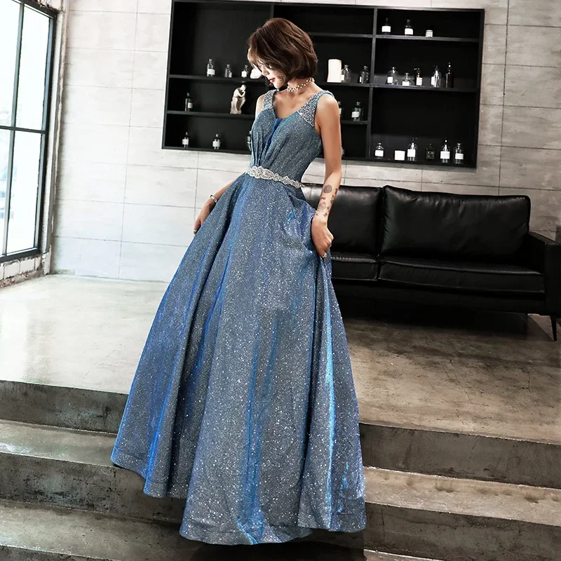 Evening Dresses Blue Shining Beads Crystal V-neck Sleeveless A-line Lace Up Floor Length Plus size Women Party Formal Gowns E072