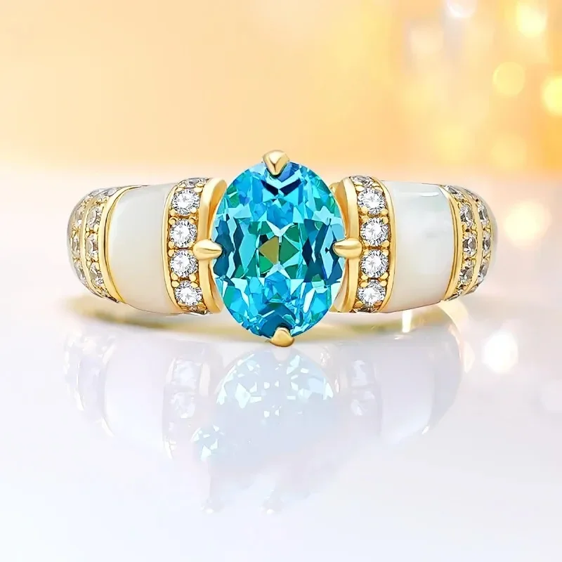 New Light Luxury 925 Silver Artificial Sea Blue Treasure Ring Set with High Carbon Diamonds Unique and Versatile Design