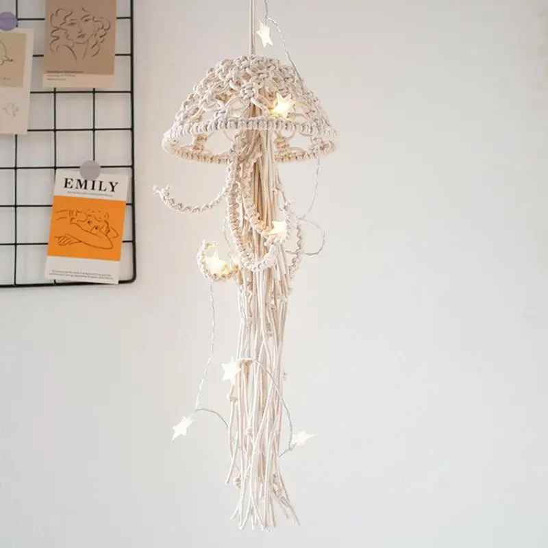 Nordic Macrame Dream Catcher Handmade Cotton Rope Woven Pendant With Light String Creative Jellyfish Dream Catcher Room Decor