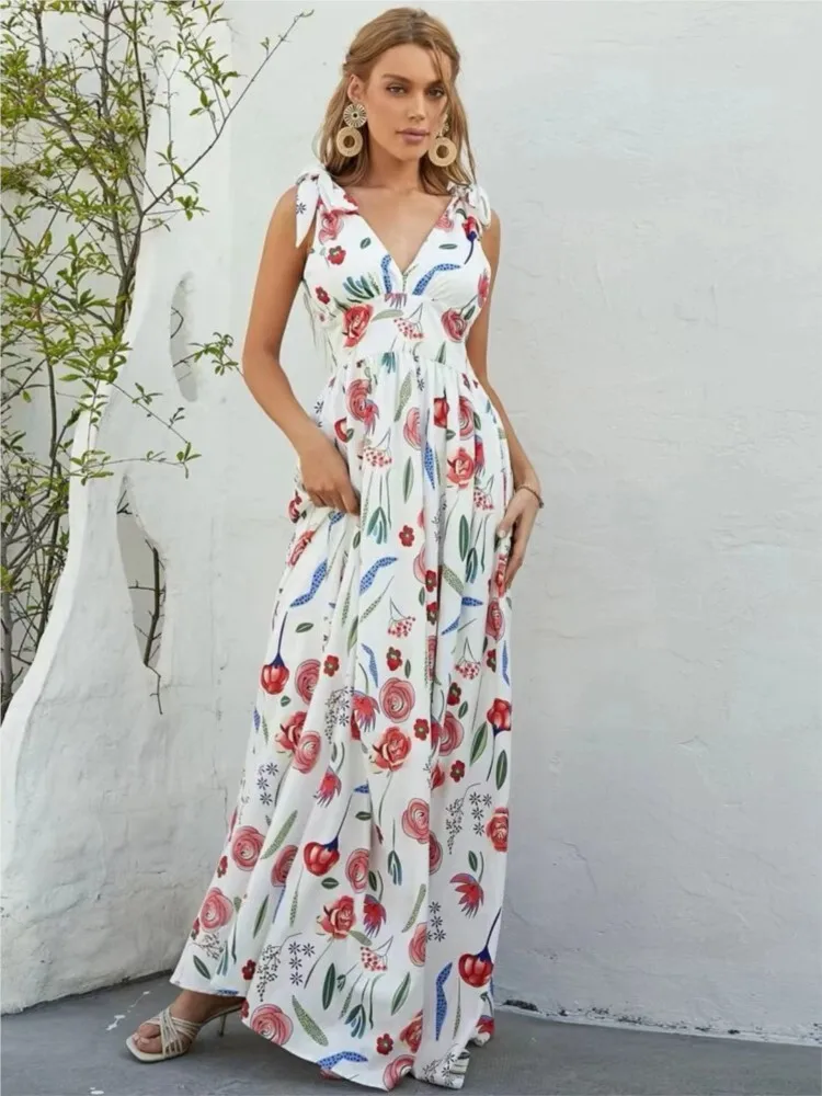 Sommer Druck Boho Lange Kleid Mode Lässig V-ausschnitt Spaghetti Strap Ärmellose Strand Party Maxi Kleider Für Frauen Robe Femme Neue