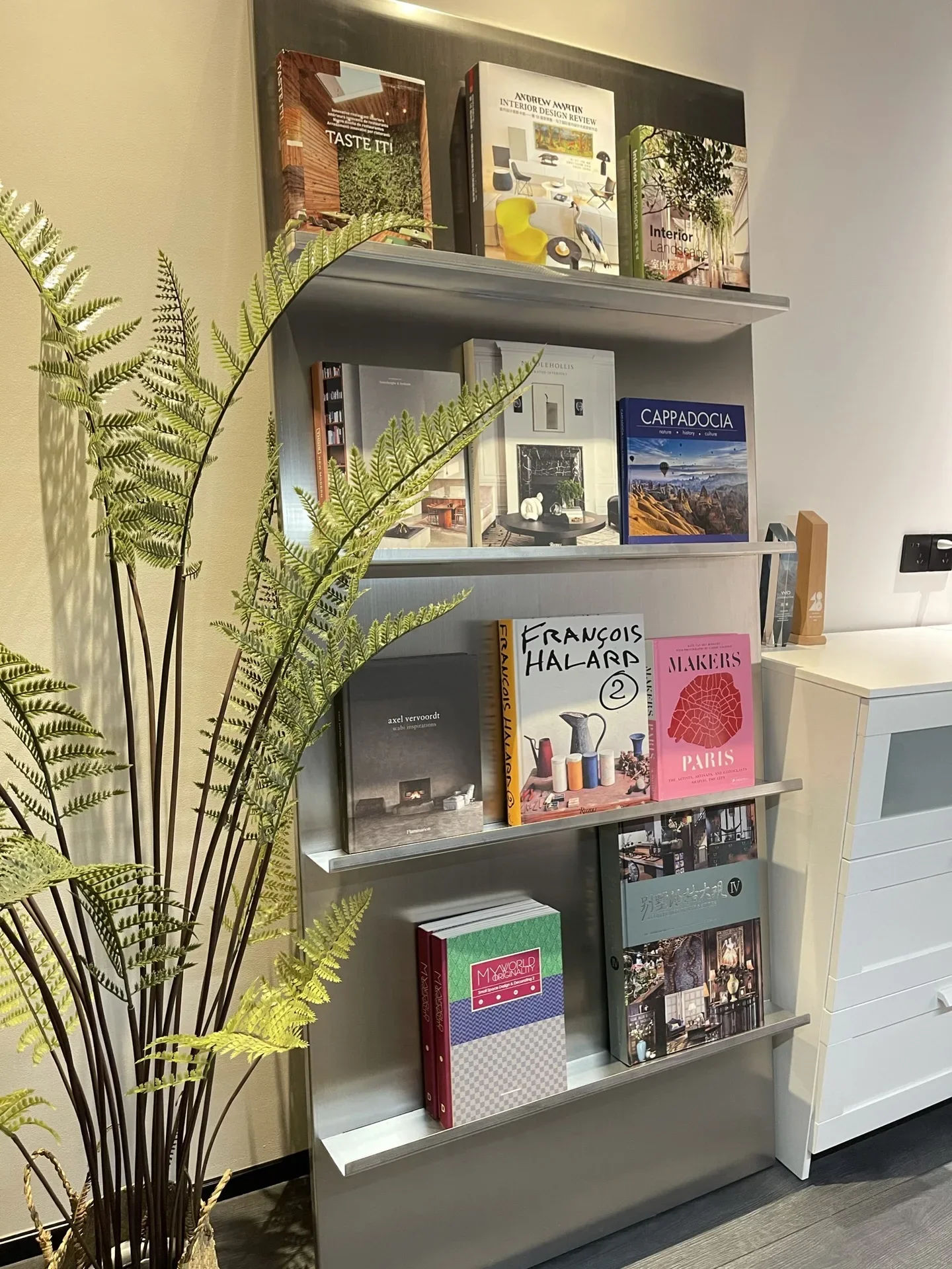 Stainless steel book and newspaper shelves, medieval magazine display shelves against the wall