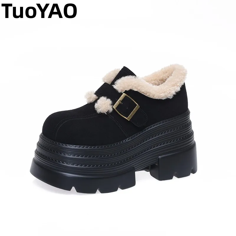 

New 2025 Winter Women's Leather Sneakers High Platform Buckle Casual Shoes Thick Sole 10CM Heels Walking Boots Zapatos Mujer