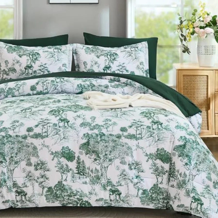 

Комплекты постельного белья Size Comforter: зеленые одеяла с ботаническим принтом и простынями, 7 предметов, комплект для кровати, элегантный растительный принт, мягкая микрофибра, двусторонние.