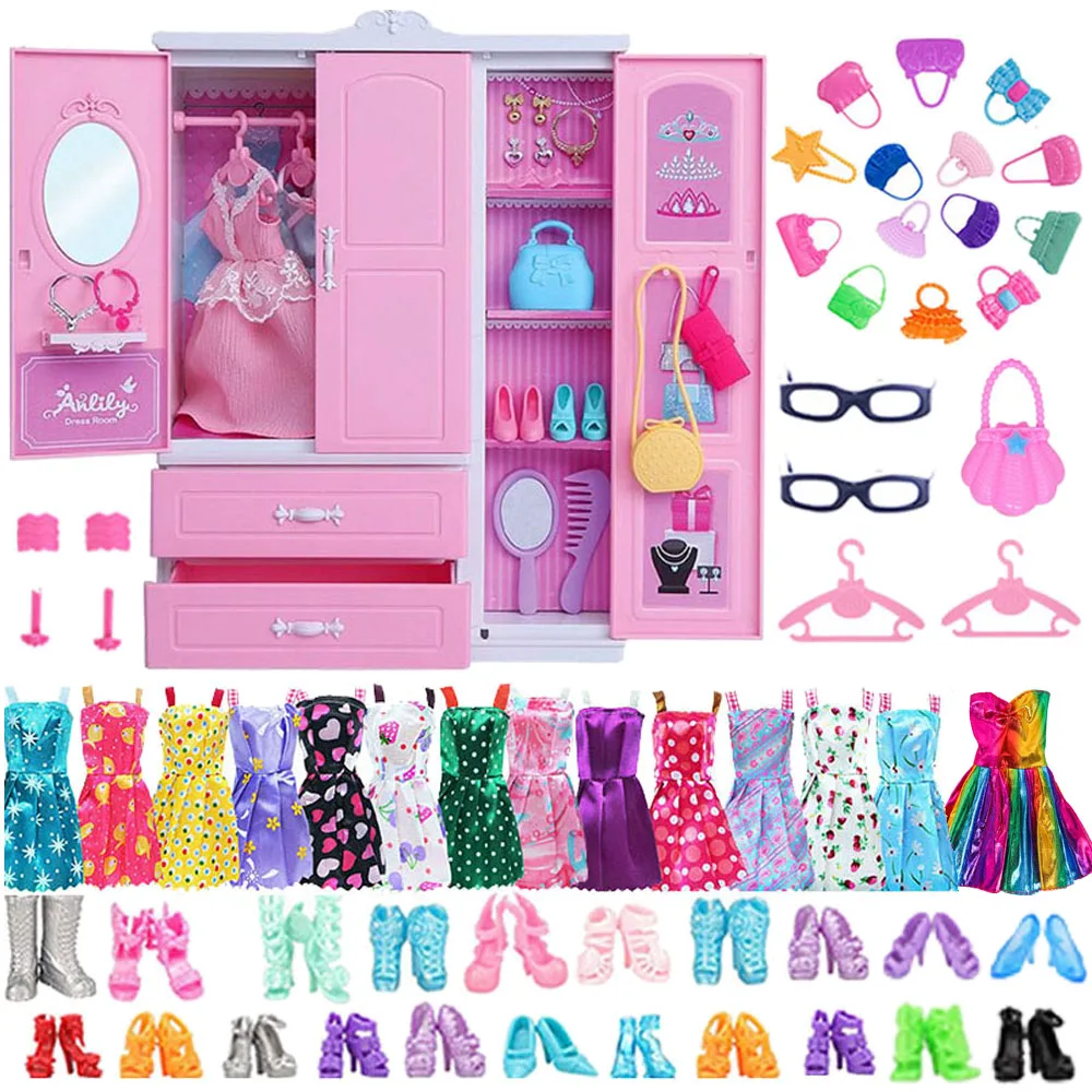 Muebles de casa de muñecas para niños, armario para Barbis, accesorios para muñecas, ropa, vestidos, zapatos, coronas, collar, juguetes de regalo,