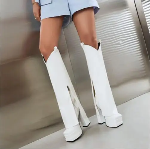

White Black Hot Pink Soft Leather Square Toe Double Platform Chunky Heels Knee High Pants Boots Long Botas Women Drop Shipping