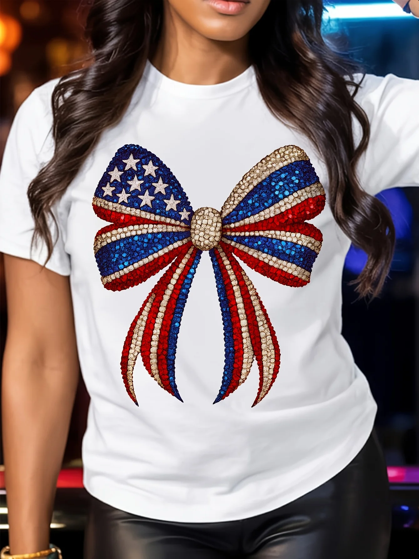 Women Fashion Sparkly US Flag Bow Print T Shirts Plus Size Round Neck Short Sleeve Casual Tees Summer Independence Day Party Bar Holiday Gift Tops