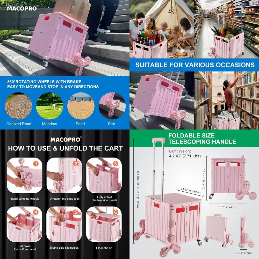 

Portable Folding Utility Cart with Stair-Climbing Wheels, Collapsible Rolling Crate, Shopping Trolley for Grocery, Books, and To