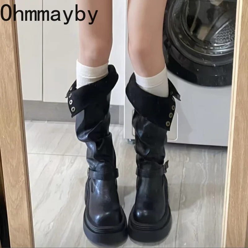 Autumn Winter Platform Thick Bottom Women Long Boots Fashion Slip On Shoes Vintage Ladies Knight Botas