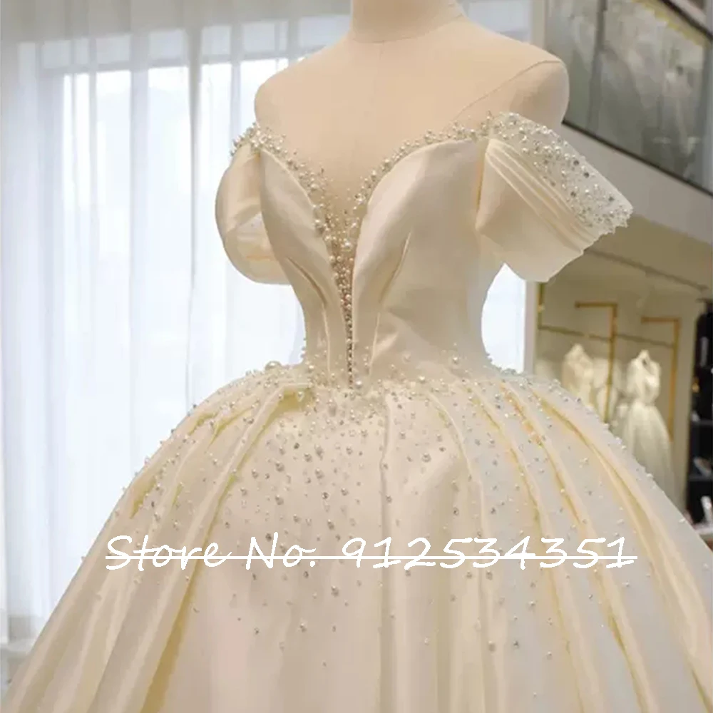 Robe Mariage Satin Vintage Ball Gown Wedding Dress Off the Shoulder Luxury Vestidos De Novia Pearls Zipper Back Trouwjurk