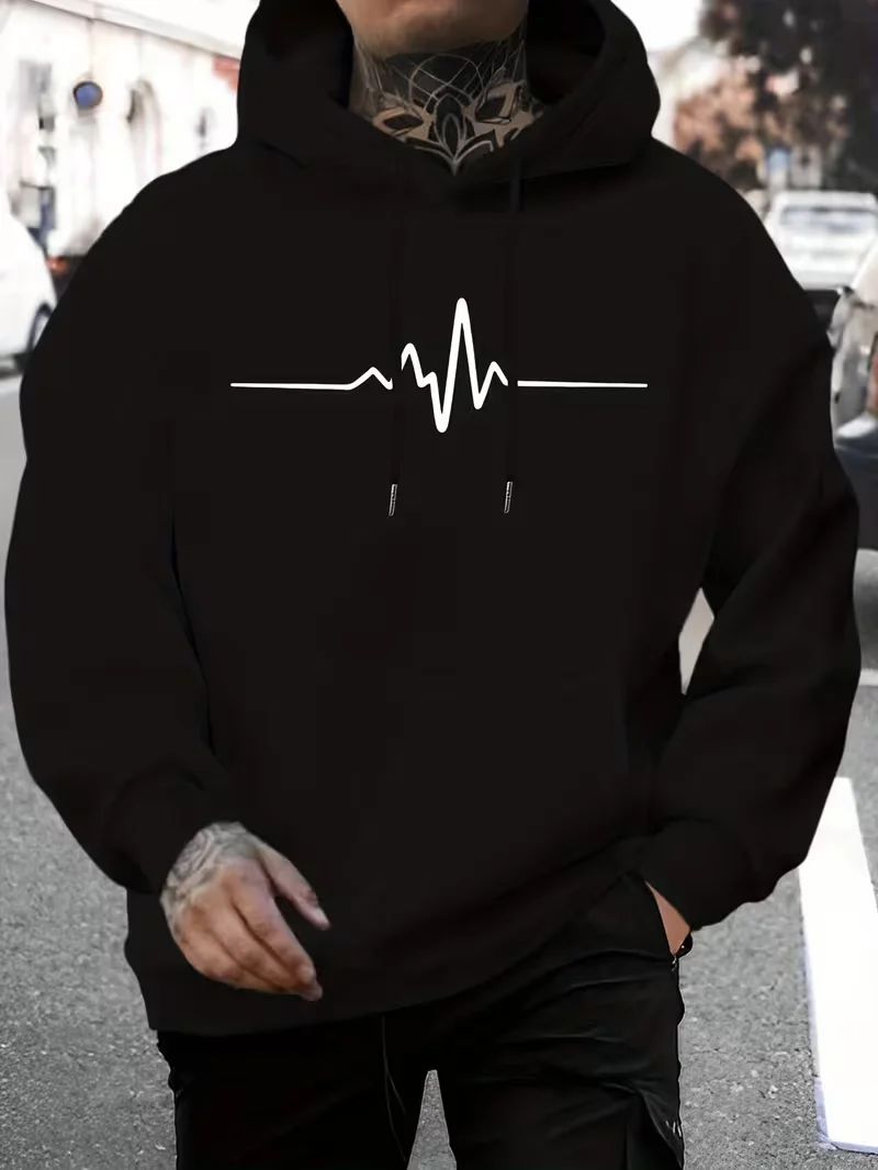 New Men's Kangaroo Pocket, Modern Minimalist Print Design, Slightly Elastic Fabric Sports Shirt, Casual and Comfortable Hoodie