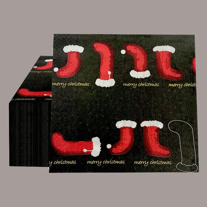 Christmas Series Party Decoration Paper Napkins Black Red Christmas Stocking Printed Paper Placemats Wine Glasses Flower Paper