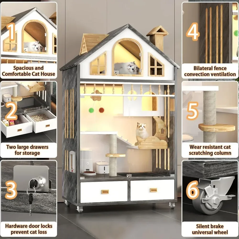 Large Cat House Indoor Cage Cat Enclosure on Wheels,Wooden Cat House Large Space with Scratching Post, Multi-Feature Enclosed