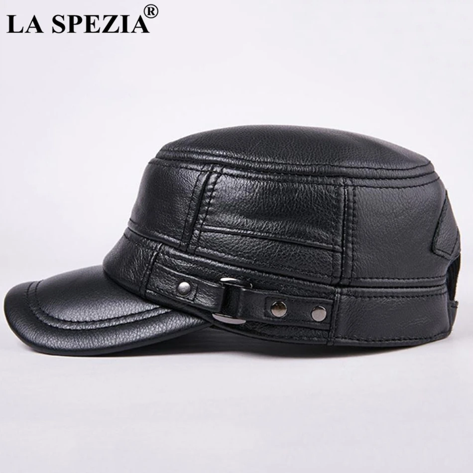 LA SPEZIA Autumn Winter Cap Men Army Military Hat Genuine Cowskin Leather Black Leather Hat Male Vintage High Quality Dad Caps