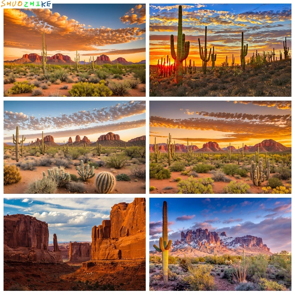 

Western Desert Scene Photography Backdrop Dusk Desert Cactus Mountain Shrub Hillside Natural Landscape Portrait Photo Background