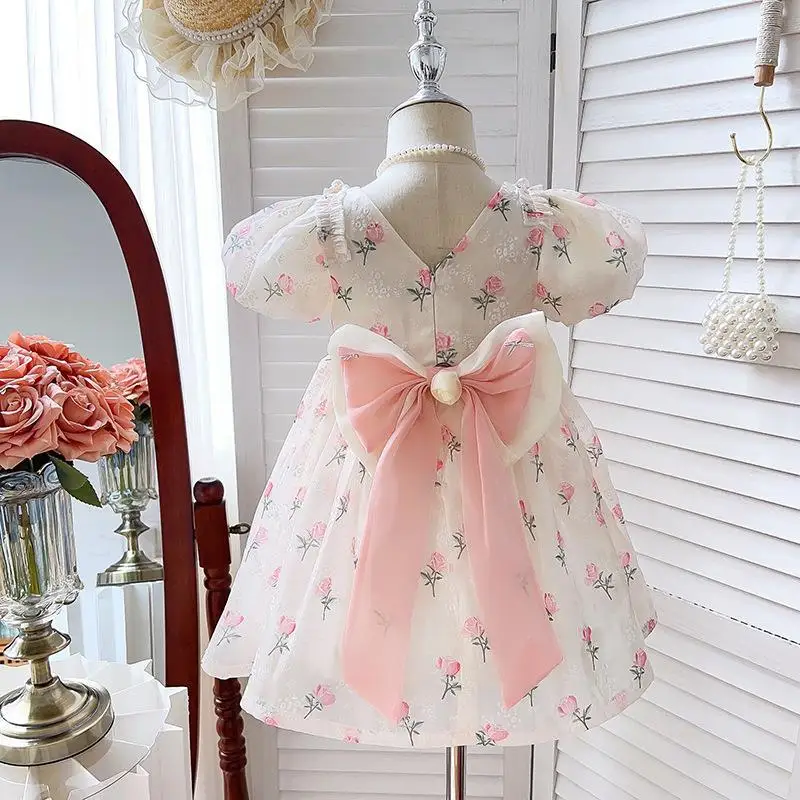 Vestido de princesa con lazo para niña, falda Floral con manga de burbuja, a la moda, novedad de verano 2024