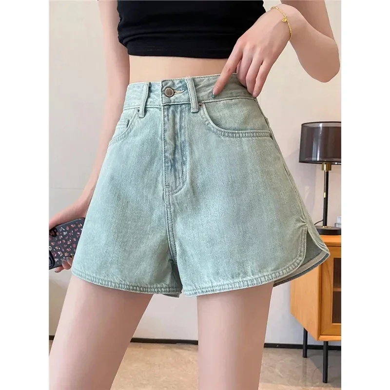 

Сексуальные джинсовые шорты с разрезом, женские широкие шорты трапециевидной формы с высокой талией, летние тонкие универсальные джинсовые шорты с карманами, женские шорты