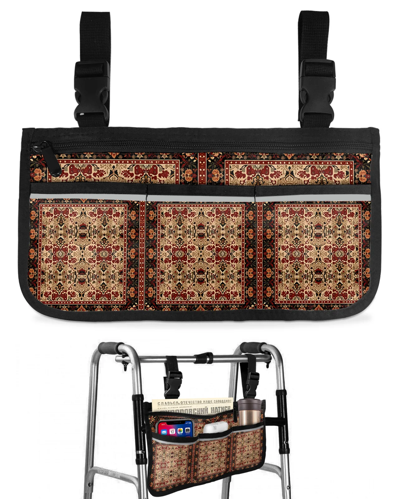 Indian Bohemia Flower Wheelchair Bag With Pockets Armrest Side Bags Electric Scooter Walking Frame Storage Pouch