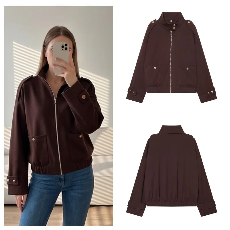 Guobioziy  Autumn Casual Short Jacket Stand Collar Zippered Pocket Classic Commuter Style Long Sleeves Coat