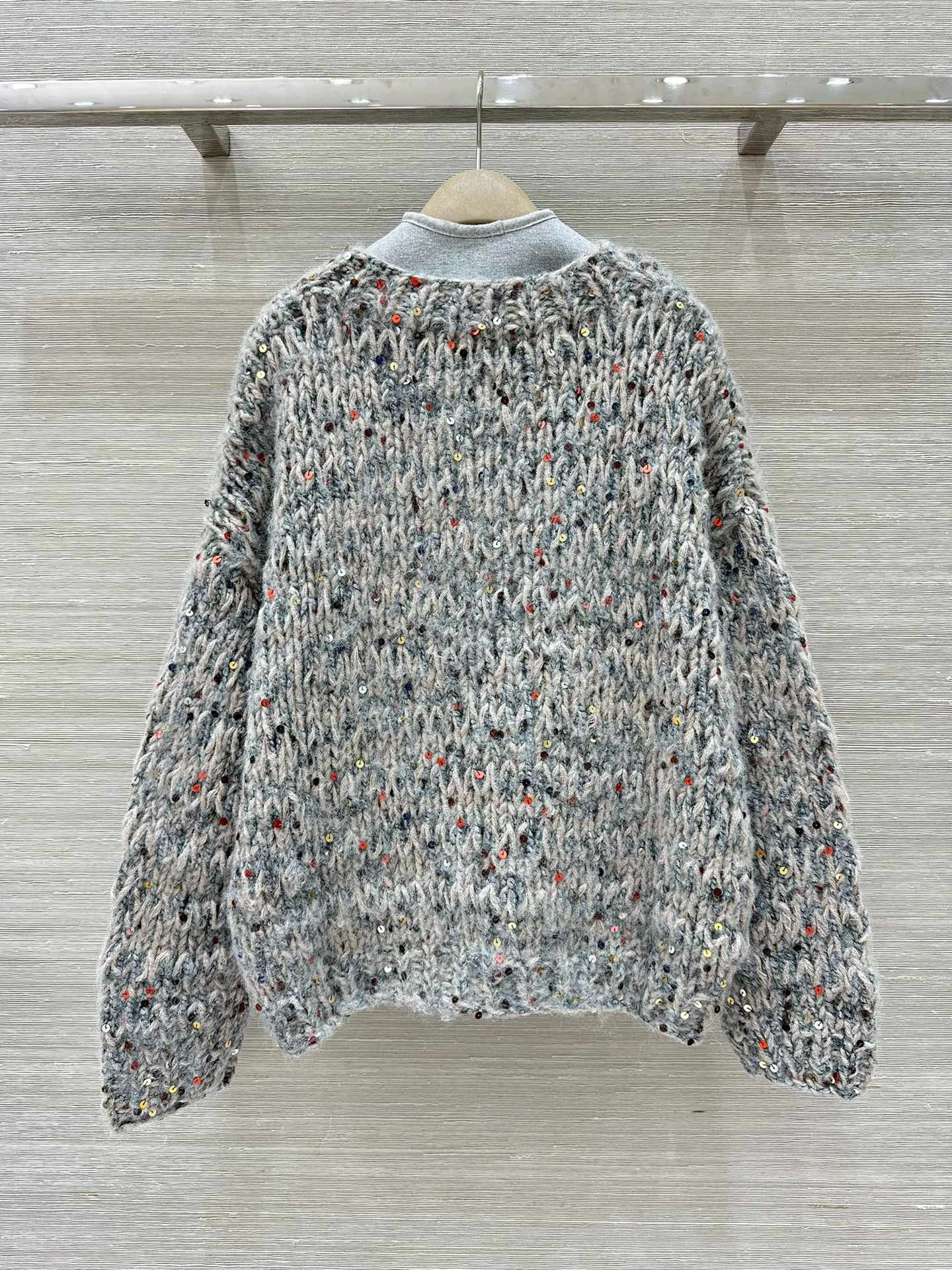 Loose autumn winter luxurious V-neck single breasted wool cardigan