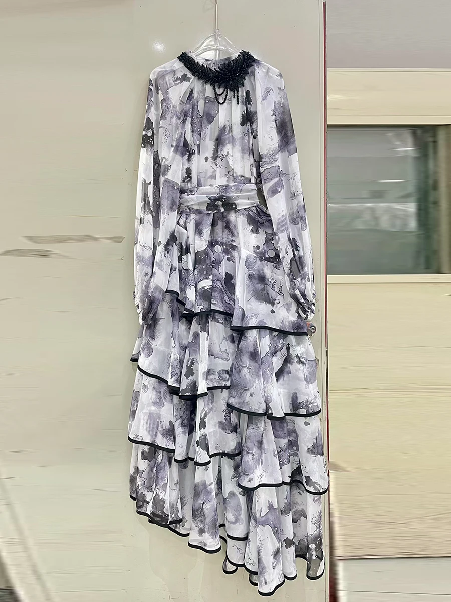 TWOTWINSTYLE cravate colorant pure épissé perle robes élégantes pour les femmes col rond manches longues tunique Patchwork volants plis robe femme