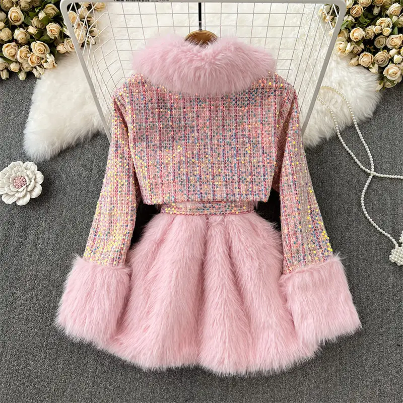 Autumn Winter Retro Temperament Medium Long Thick Tweed Stitching Imitation Fox Fur Coat Lady Fashion Quilted Woolen Jacket T131