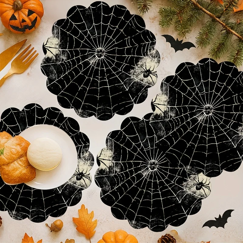 VIKAMA Vintage Spider Web Scalloped Round Placemat Gothic Table Mat Waterproof Heat Resistant Plate Pad Halloween Dining Decor