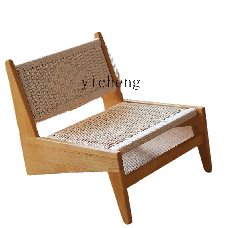 

Tqh Solid Wood Rattan Single Sofa Chair Living Room Lazy Recliner Retro Balcony with Armchair