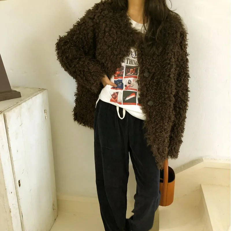 Autumn Winter Korean Style Women's Warm Cotton Coat round Neck Single Button Outerwear Casual Straight Cut Long Sleeve Polyester