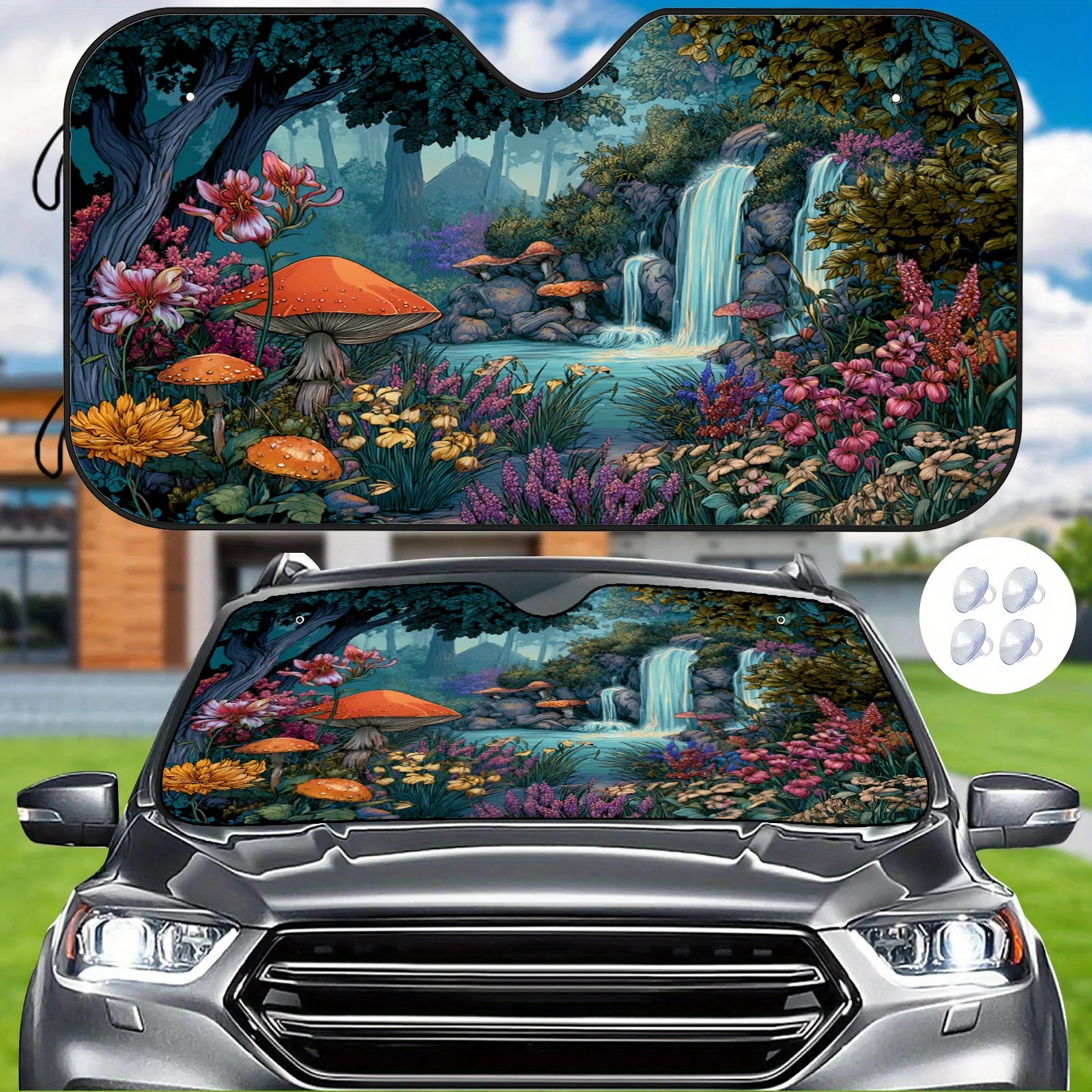 Fairy Tale Forest Waterfall Car Sunshade, Illustrated Scene Style, Heat Insulation And Heat Reduction, Maintains Comfortable Tem