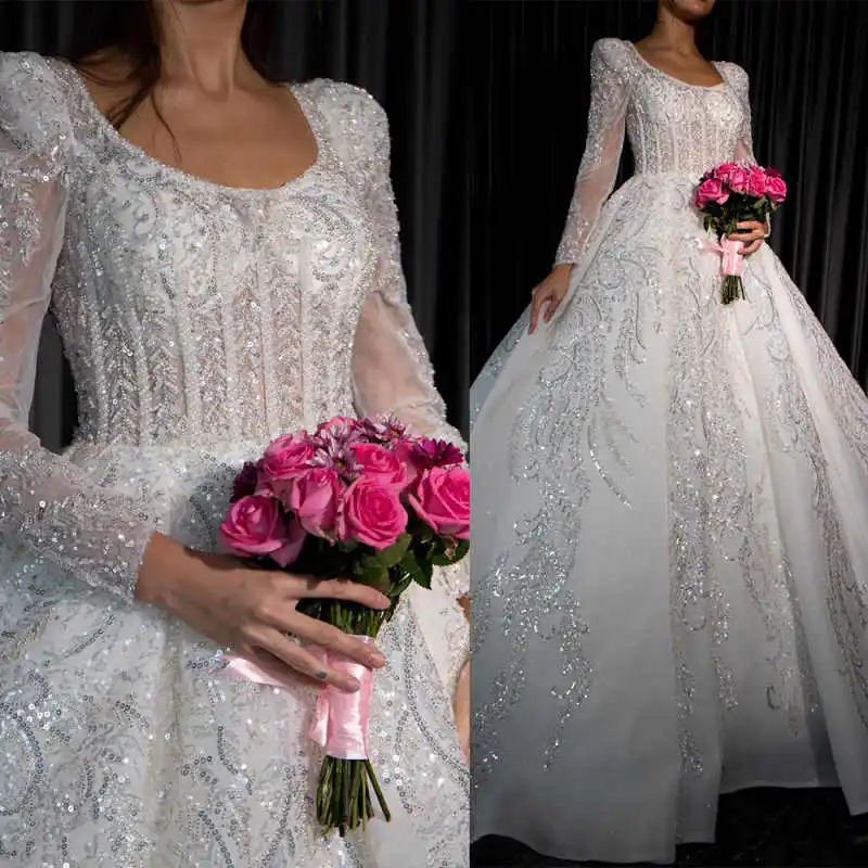 

Classic A Line Women Wedding Dress Jewel Neck Long Sleeves Bridal Gowns Sequins Lace Sweep Train Dress Custom Made
