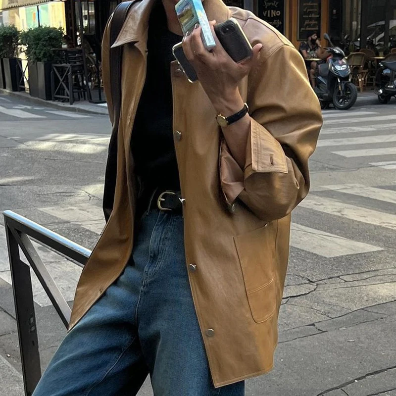 Abrigo de Cuero PU con Botones Metálicos de Manga Larga, Estilo Británico Retro Otoñal, con Diseño de Bolsillos andes para ...