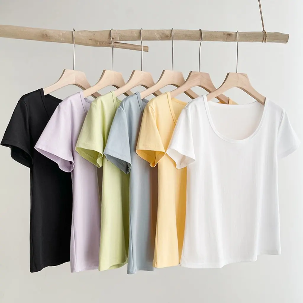 

Women's Silk Short-Sleeved T-Shirt Summer Dopamine Outfit Exposed Collarbones Large U-Neck Slim Fit Pure Color Top