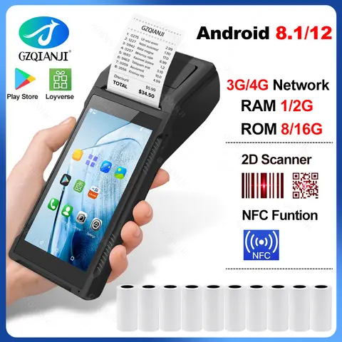 Android 12/ 8.1 Handheld Terminal POS Printer 58mm Thermal Receipt Ticket BT Printing 3G/4G Network 2D Scanner NFC optional