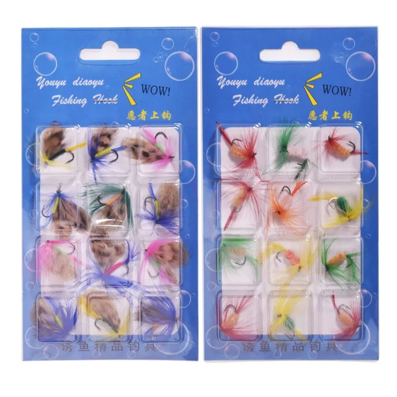 12 Pcs Insect Fly Fishing Lures Artificial Fishing Bait Feather Hooks Carp Fishing Bait for Fishing Single Treble Hooks