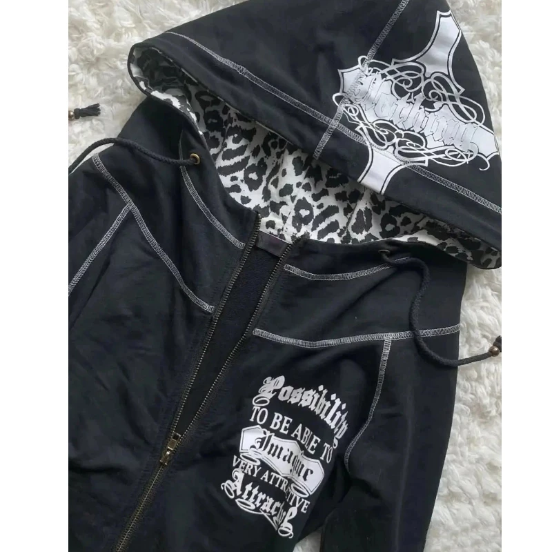 

Y2K Gothic leopard print style punk Aesthetics High street fashion brand hooded sweatshirts unisex personalized Jacket Top emo