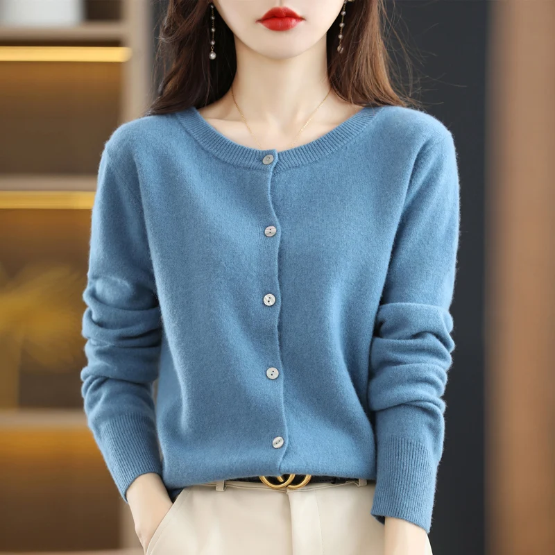 Spring and Autumn New Round Neck Knit Cardigan Women's Loose Button Sweater All-match Jacket Solid Color Basic Small Cardigan